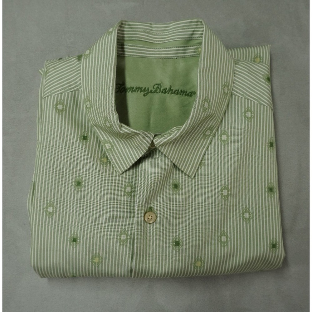 Tommy Bahama Silk Men‎ Medium Green Silk Striped Geometric Long Sleeve Button Up
